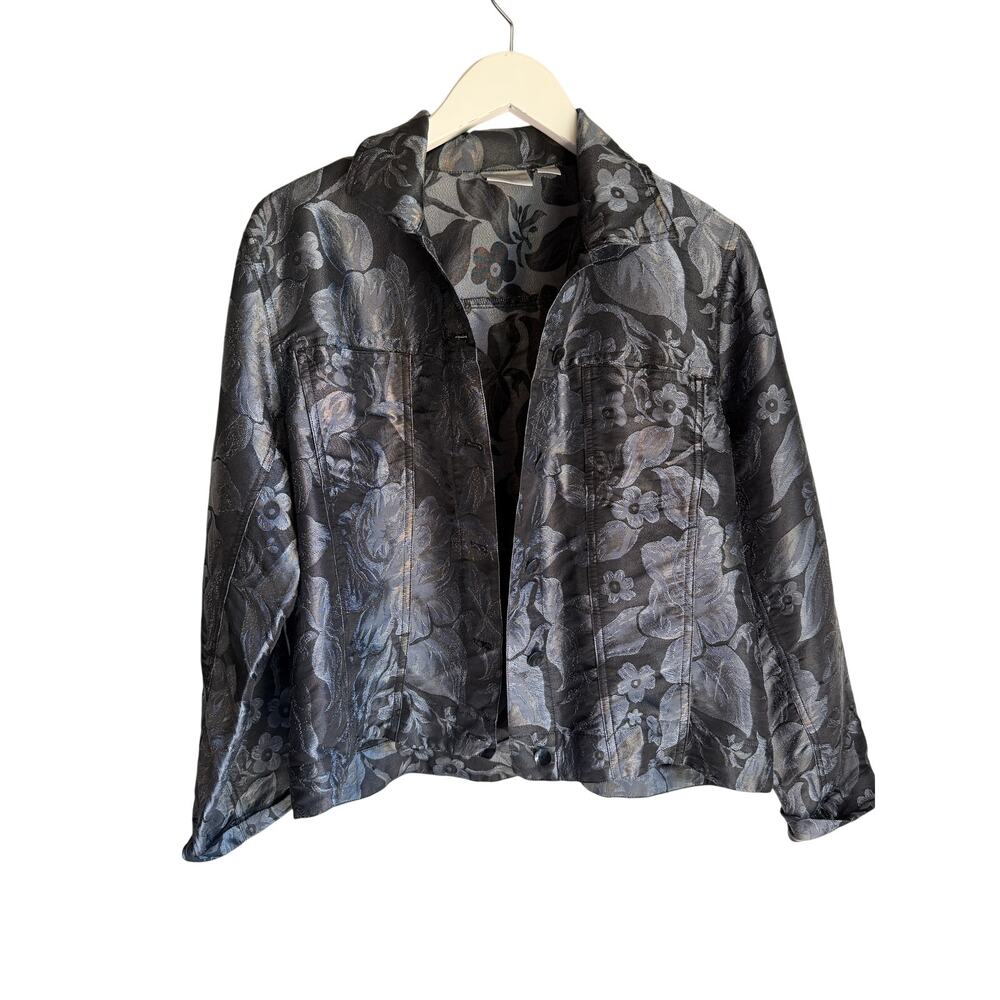 Chico's Black Floral Jacquard Silk Blend Jacket Size 2 Metallic Shimmer Evening